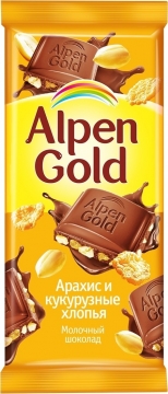 Альпен Гольд 85гр. шоколад молочный арахис-кукурузные хлопья/21шт. Alpen Gold