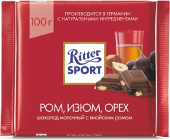 Риттер Спорт Ром/Изюм/Орех Молочный 100гр./1шт.