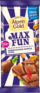 Шоколад молочный Альпен Гольд МаксФан со взрывной карамелью, мармеладом и печеньем 14х150г